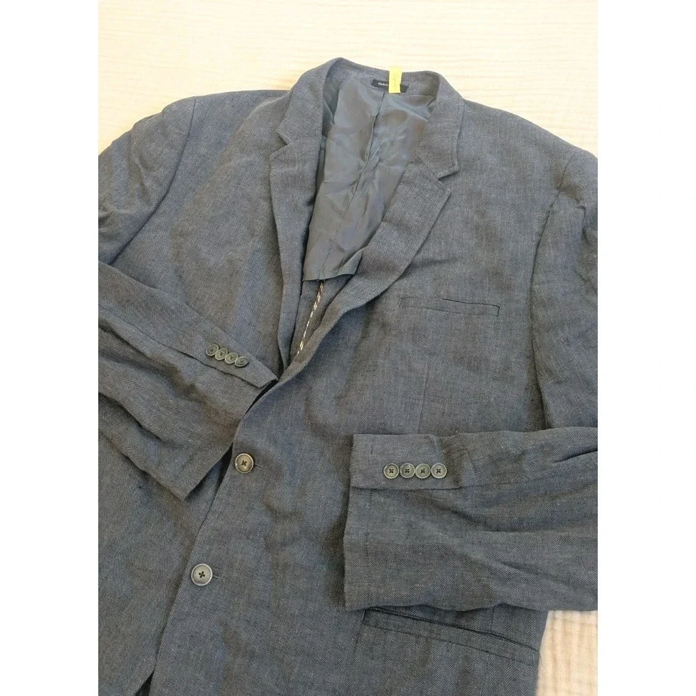 Egara 54L Slim Fit Linen Rayon Blend Blazer Unstructured Blue Herringbone Summer